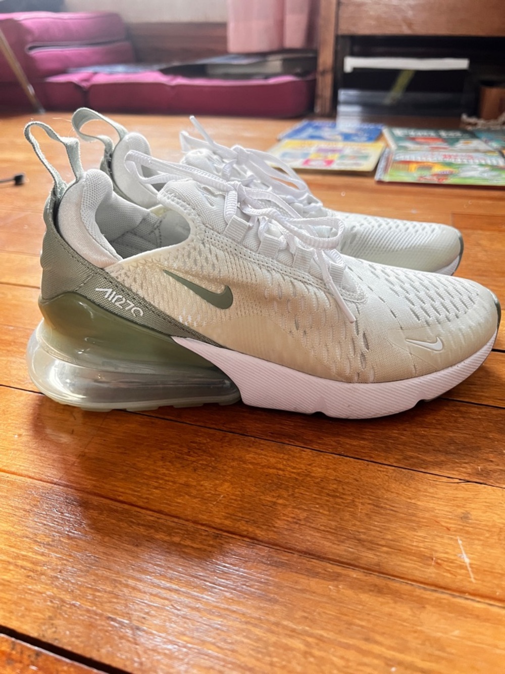 Nike Air Max 270 Women’s Athletic Shoes in White and Olive Green
